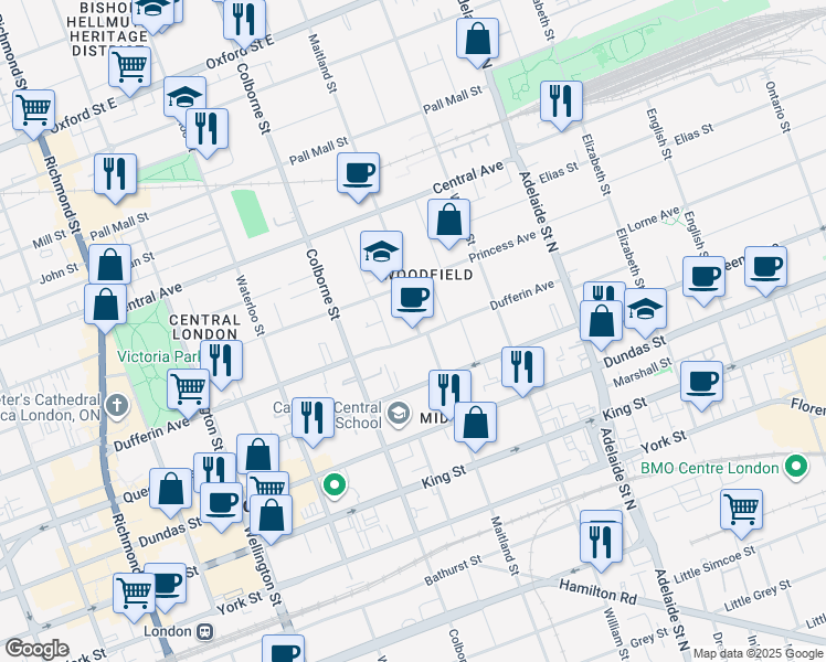 map of restaurants, bars, coffee shops, grocery stores, and more near 499 Maitland Street in London