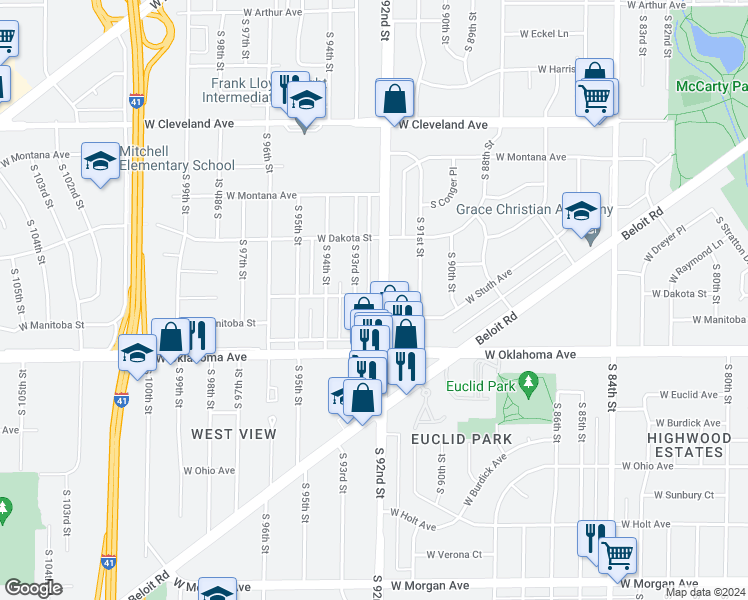 map of restaurants, bars, coffee shops, grocery stores, and more near 3001 South 92nd Street in West Allis