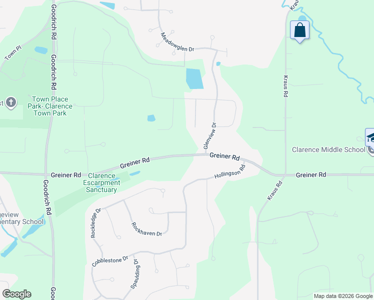 map of restaurants, bars, coffee shops, grocery stores, and more near 9770 Greiner Road in Clarence
