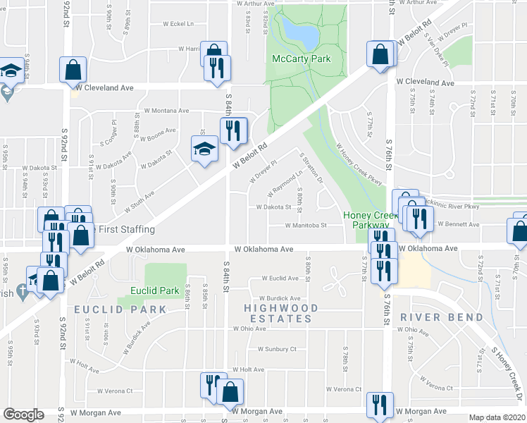 map of restaurants, bars, coffee shops, grocery stores, and more near 8205 West Dakota Street in West Allis
