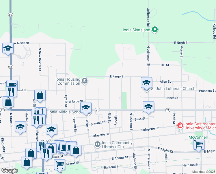 map of restaurants, bars, coffee shops, grocery stores, and more near 645 Rich Street in Ionia