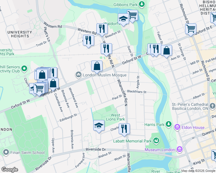 map of restaurants, bars, coffee shops, grocery stores, and more near 126 Empress Avenue in London