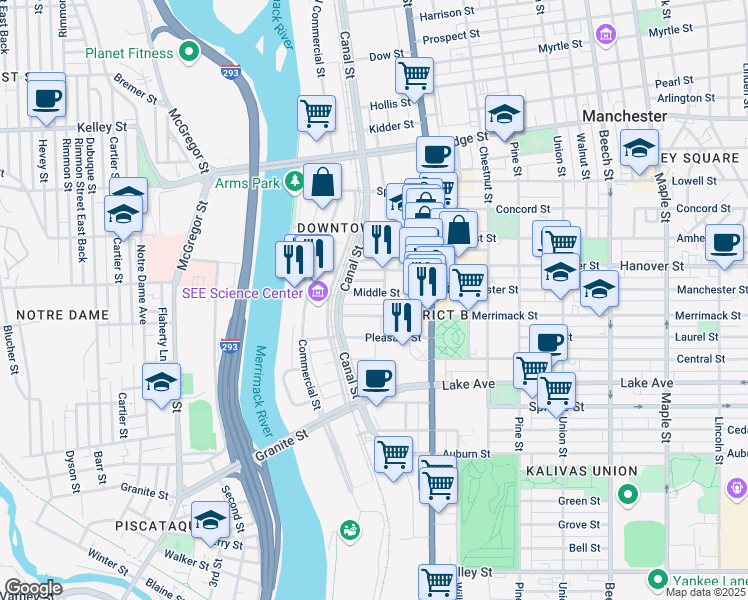 map of restaurants, bars, coffee shops, grocery stores, and more near 130 Middle Street in Manchester