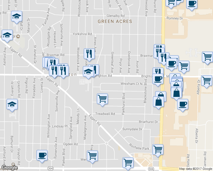 map of restaurants, bars, coffee shops, grocery stores, and more near 330 Wrexham Court North in Tonawanda