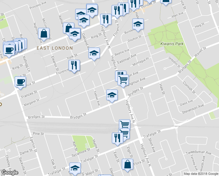 map of restaurants, bars, coffee shops, grocery stores, and more near 1276 Langmuir Avenue in London