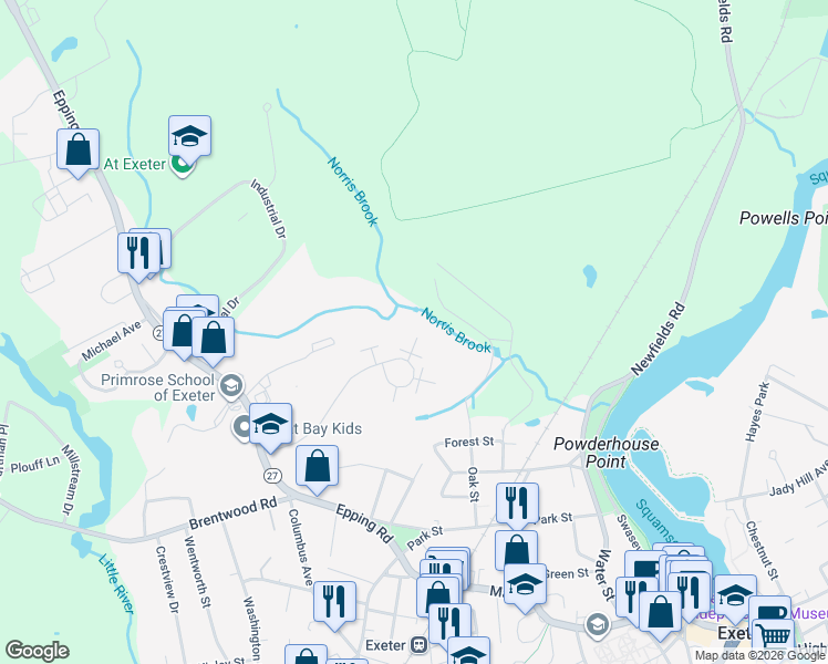 map of restaurants, bars, coffee shops, grocery stores, and more near 6 Brookside Drive in Exeter