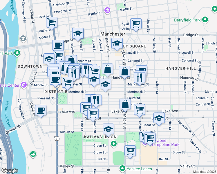 map of restaurants, bars, coffee shops, grocery stores, and more near 285 Manchester Street in Manchester