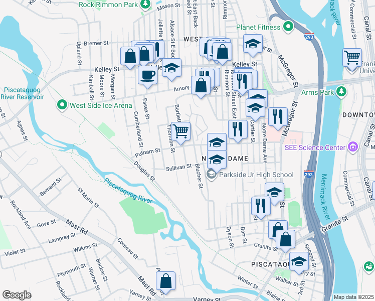map of restaurants, bars, coffee shops, grocery stores, and more near 316 Bartlett Street in Manchester