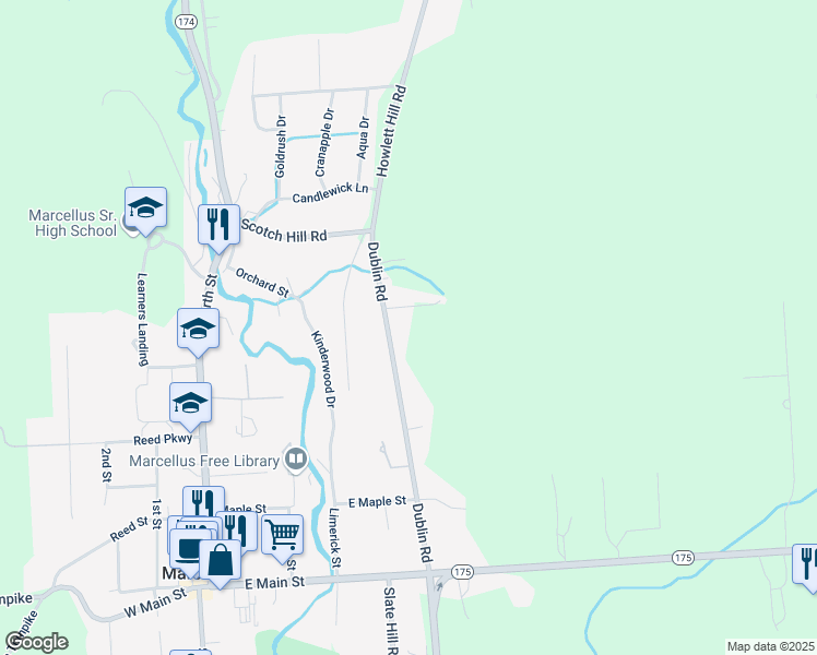 map of restaurants, bars, coffee shops, grocery stores, and more near 4496 Dublin Road in Marcellus