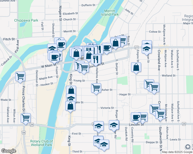 map of restaurants, bars, coffee shops, grocery stores, and more near in Welland