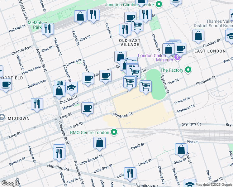 map of restaurants, bars, coffee shops, grocery stores, and more near 820 King Street in London