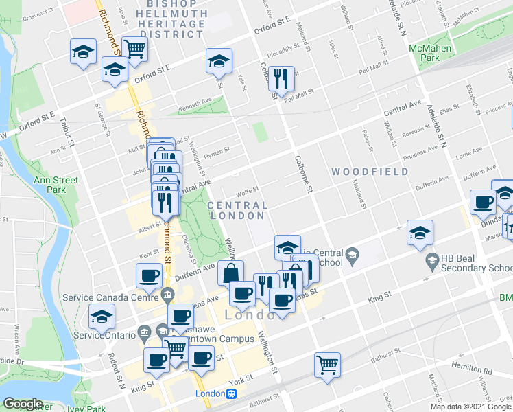 map of restaurants, bars, coffee shops, grocery stores, and more near 528 B Waterloo Street in London
