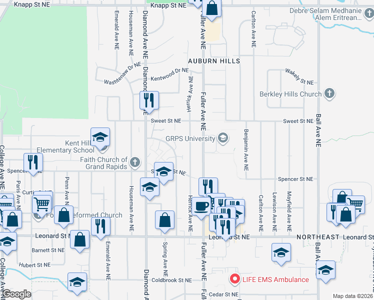 map of restaurants, bars, coffee shops, grocery stores, and more near 1508 Herrick Avenue Northeast in Grand Rapids