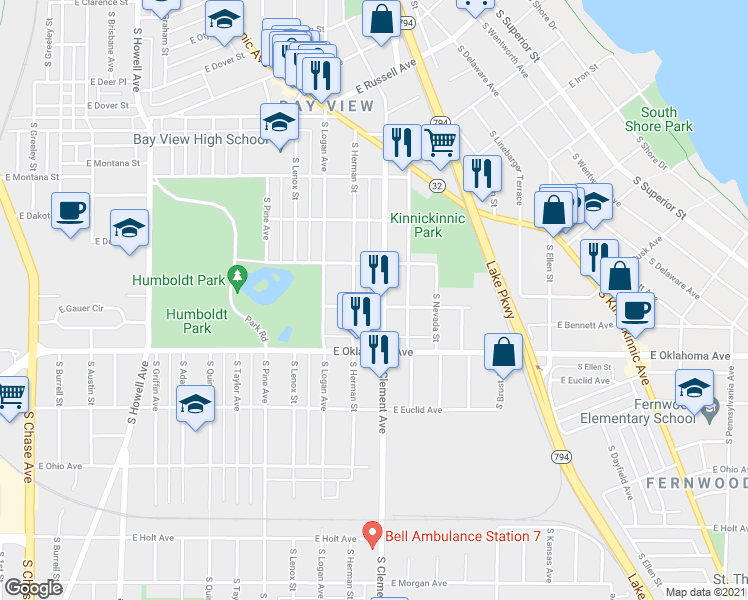 map of restaurants, bars, coffee shops, grocery stores, and more near 2986 South Clement Avenue in Milwaukee