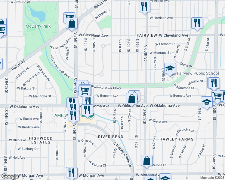 map of restaurants, bars, coffee shops, grocery stores, and more near 7113 West Kinnickinnic River Parkway in Milwaukee