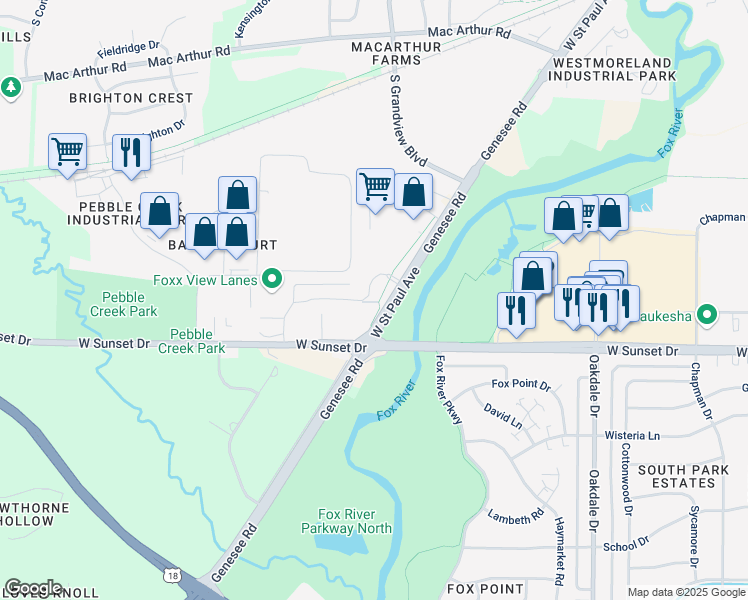 map of restaurants, bars, coffee shops, grocery stores, and more near Genesee Road in Waukesha