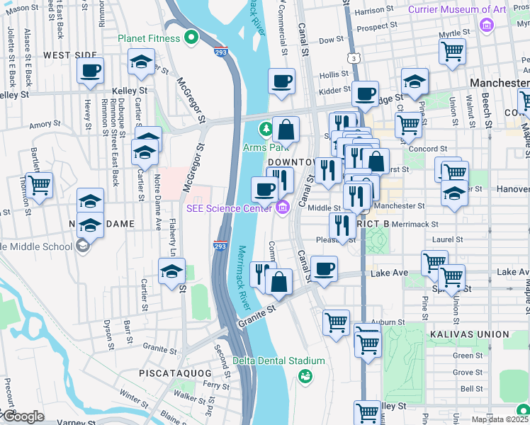 map of restaurants, bars, coffee shops, grocery stores, and more near 250 Commercial Street in Manchester