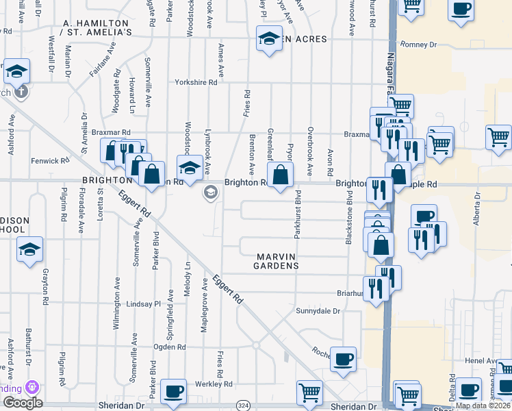 map of restaurants, bars, coffee shops, grocery stores, and more near 330 Wrexham Court North in Tonawanda