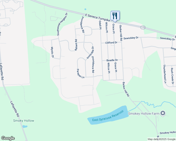 map of restaurants, bars, coffee shops, grocery stores, and more near 5889 Invincible Drive in Jamesville