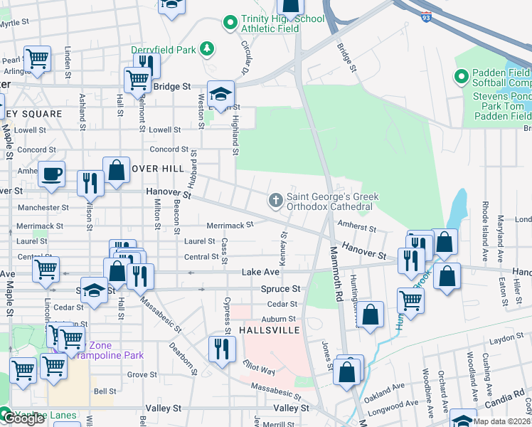 map of restaurants, bars, coffee shops, grocery stores, and more near 640 Hanover Street in Manchester