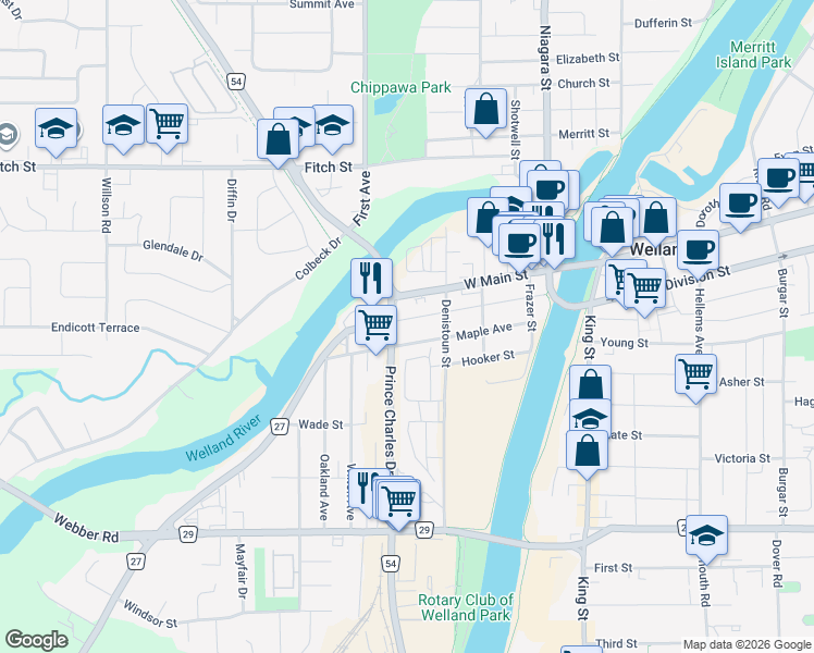 map of restaurants, bars, coffee shops, grocery stores, and more near 167 Bald Street in Welland