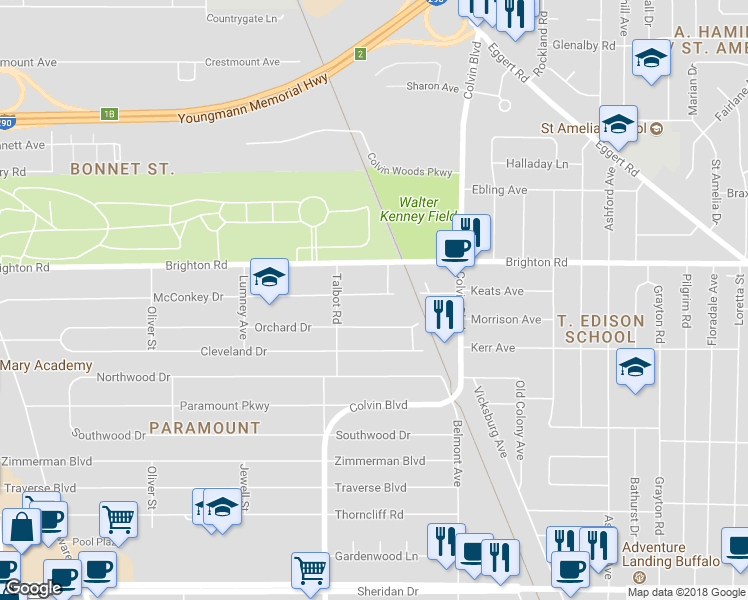map of restaurants, bars, coffee shops, grocery stores, and more near 439 McConkey Drive in Buffalo