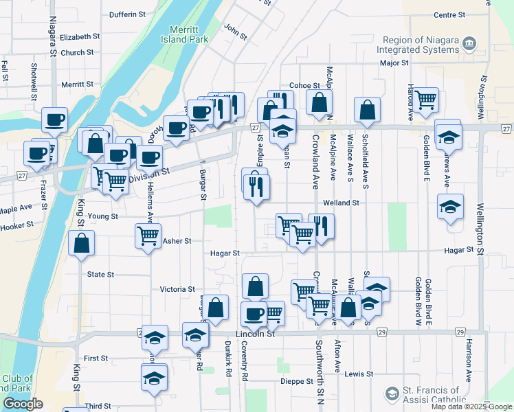 map of restaurants, bars, coffee shops, grocery stores, and more near 23 Welland Street in Welland