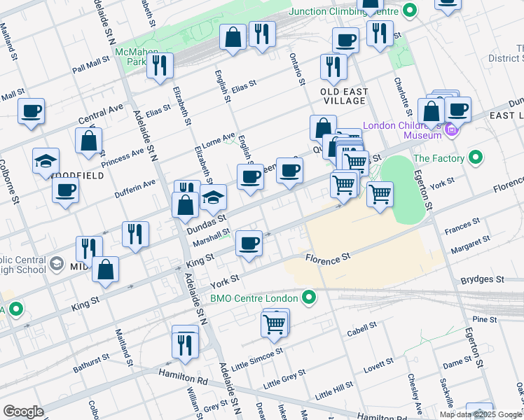 map of restaurants, bars, coffee shops, grocery stores, and more near 396 Hewitt Street in London