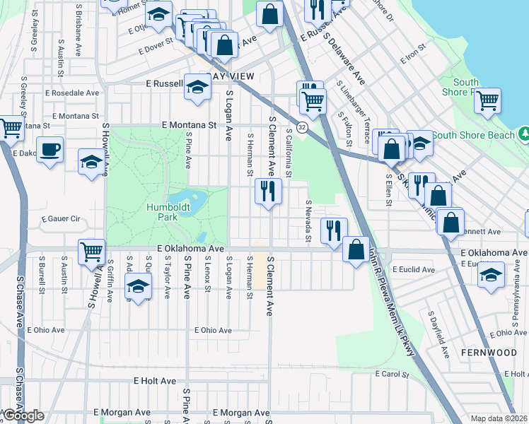 map of restaurants, bars, coffee shops, grocery stores, and more near 2989 South Clement Avenue in Milwaukee