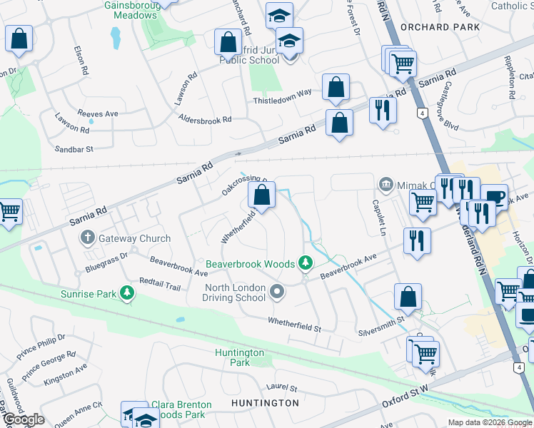 map of restaurants, bars, coffee shops, grocery stores, and more near 933 Kettleridge Street in London