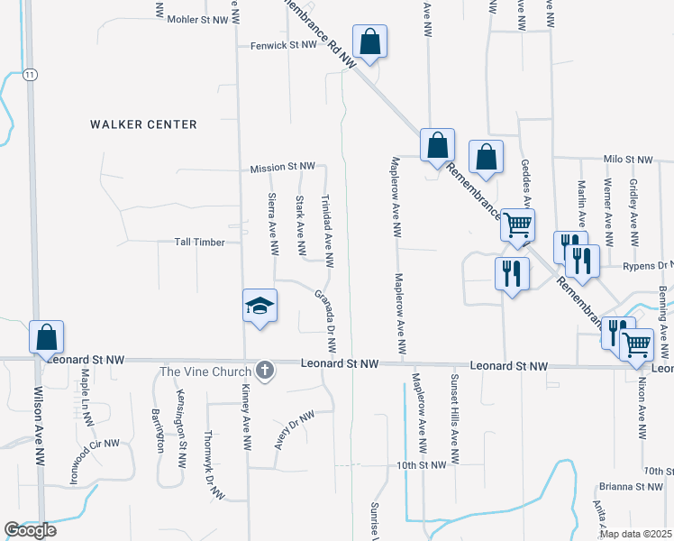 map of restaurants, bars, coffee shops, grocery stores, and more near 1372 Trinidad Avenue Northwest in Grand Rapids