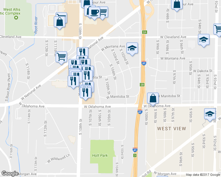 map of restaurants, bars, coffee shops, grocery stores, and more near 2960 South 105th Street in West Allis