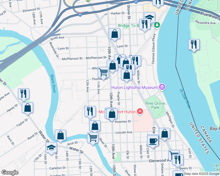 map of restaurants, bars, coffee shops, grocery stores, and more near 1501 10th Avenue in Port Huron