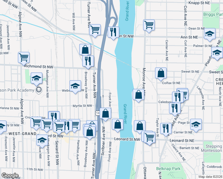 map of restaurants, bars, coffee shops, grocery stores, and more near 1450 Front Avenue Northwest in Grand Rapids