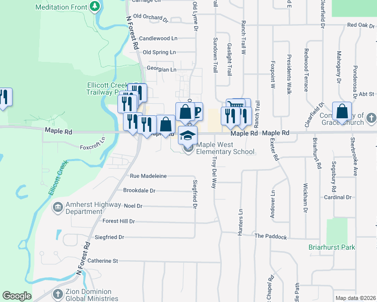 map of restaurants, bars, coffee shops, grocery stores, and more near 851 Maple Road in Buffalo