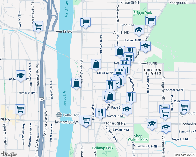 map of restaurants, bars, coffee shops, grocery stores, and more near 6 Mathews Court Northeast in Grand Rapids