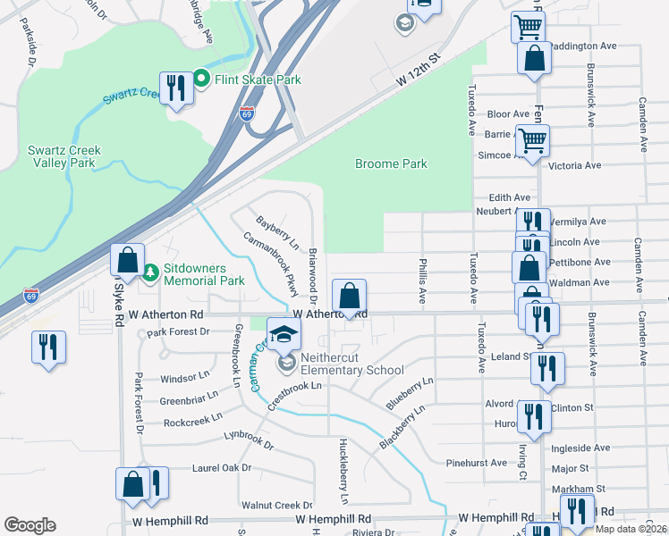 map of restaurants, bars, coffee shops, grocery stores, and more near 1634 Pettibone Avenue in Flint