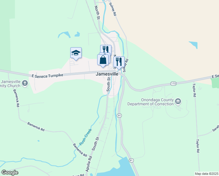 map of restaurants, bars, coffee shops, grocery stores, and more near 4508 South Street in Jamesville