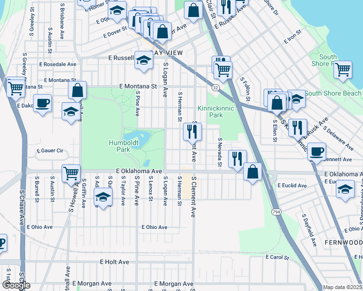 map of restaurants, bars, coffee shops, grocery stores, and more near 2988 South Herman Street in Milwaukee