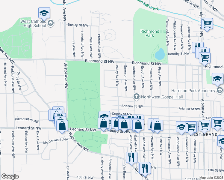 map of restaurants, bars, coffee shops, grocery stores, and more near 1320 Dartmouth Street Northwest in Grand Rapids
