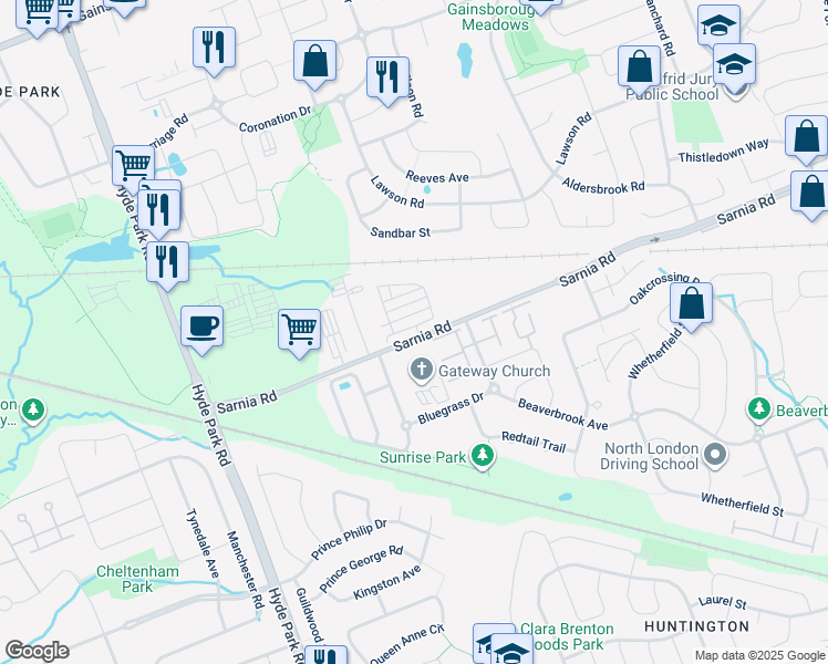 map of restaurants, bars, coffee shops, grocery stores, and more near 909 Sarnia Road in London