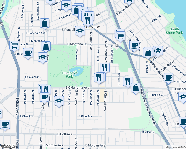 map of restaurants, bars, coffee shops, grocery stores, and more near 2988 South Logan Avenue in Milwaukee