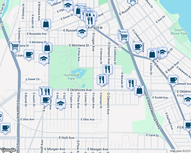 map of restaurants, bars, coffee shops, grocery stores, and more near 2986 South Logan Avenue in Milwaukee