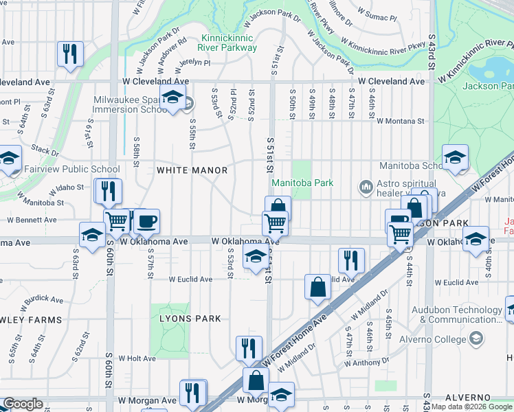 map of restaurants, bars, coffee shops, grocery stores, and more near 3013 South 51st Street in Milwaukee