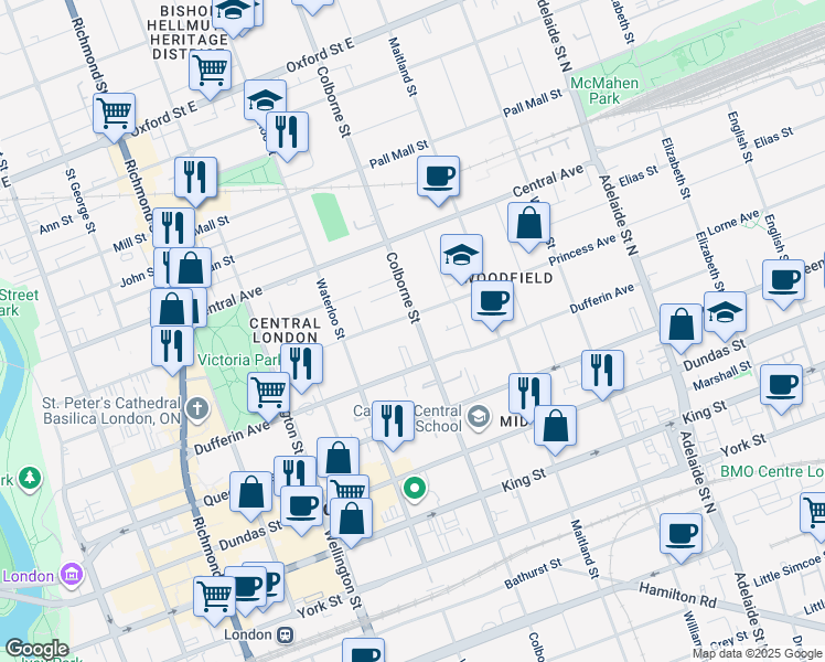 map of restaurants, bars, coffee shops, grocery stores, and more near 515 Colborne Street in London