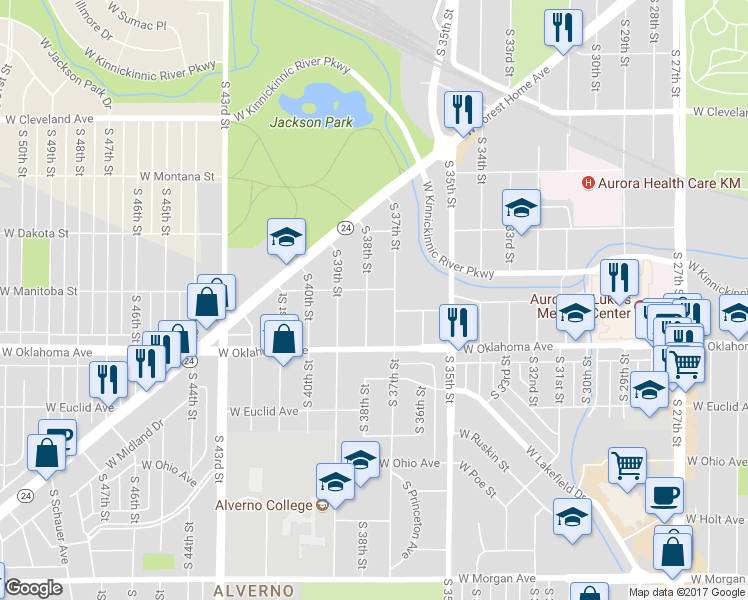map of restaurants, bars, coffee shops, grocery stores, and more near 3010 South 38th Street in Milwaukee