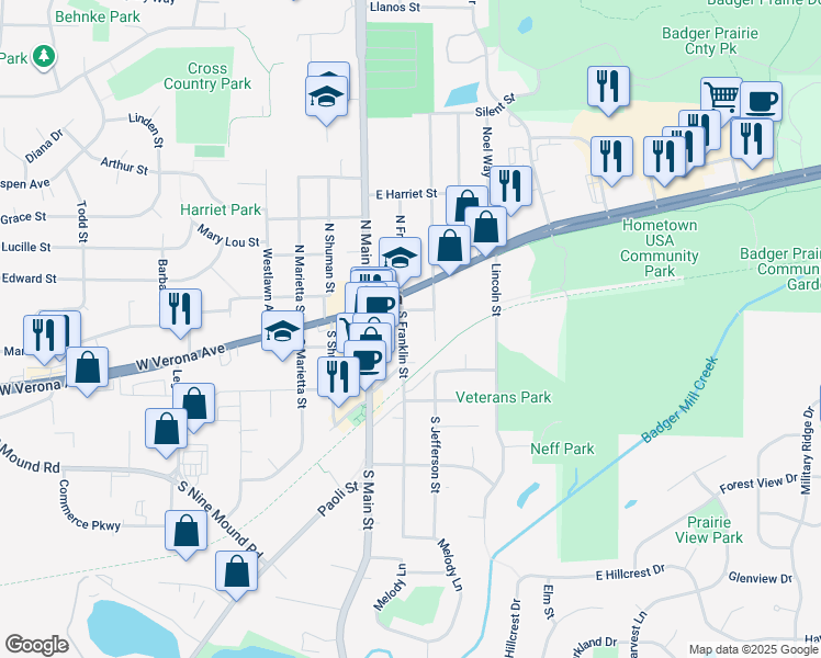 map of restaurants, bars, coffee shops, grocery stores, and more near 207 South Franklin Street in Verona