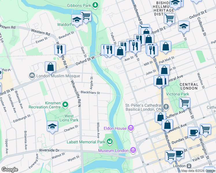 map of restaurants, bars, coffee shops, grocery stores, and more near in London