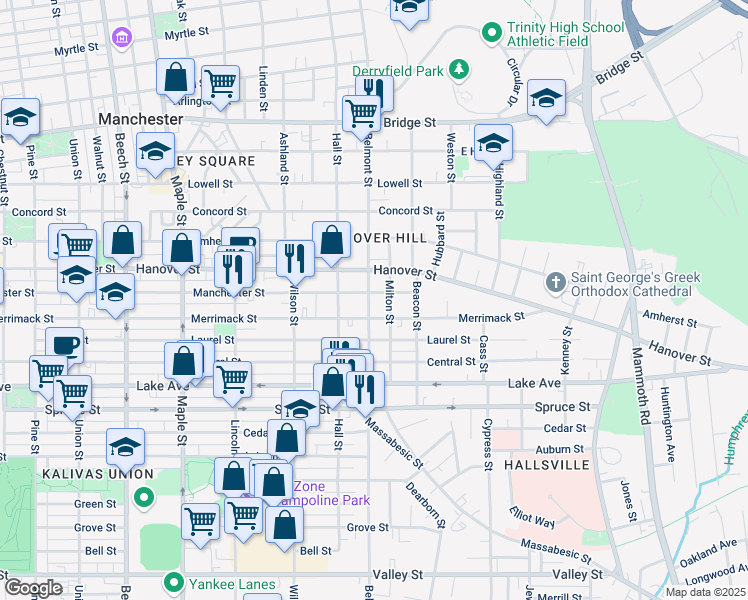 map of restaurants, bars, coffee shops, grocery stores, and more near 485 Manchester Street in Manchester