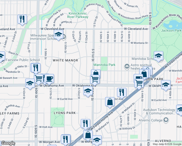 map of restaurants, bars, coffee shops, grocery stores, and more near 3013 South 51st Street in Milwaukee